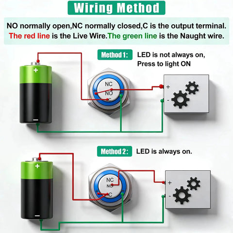 Wiring method illustration for 16mm Raised Speaker Horn Momentary Push Button Switch With 12V Blue LED Light, showing two connection methods.