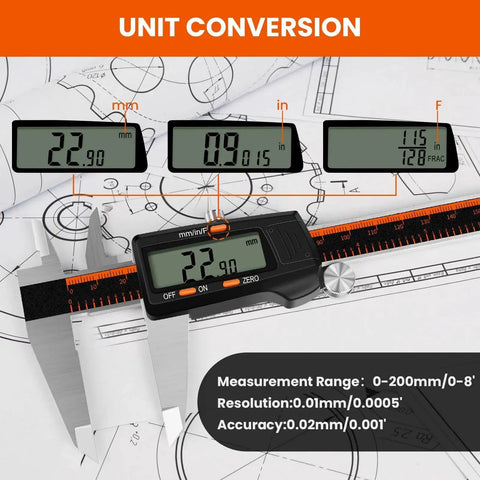 Digital Caliper With Large LCD Screen 0 To 8 Inch Stainless Steel Measuring Tool for Pro Grade Precise DIY Projects Waterproof Auto Off Inch Fractions Millimeter Readings Smooth Slippage Free Operation Ideal For Home Workshop And 3D Printing By Hardell showing unit conversion and screen readings.