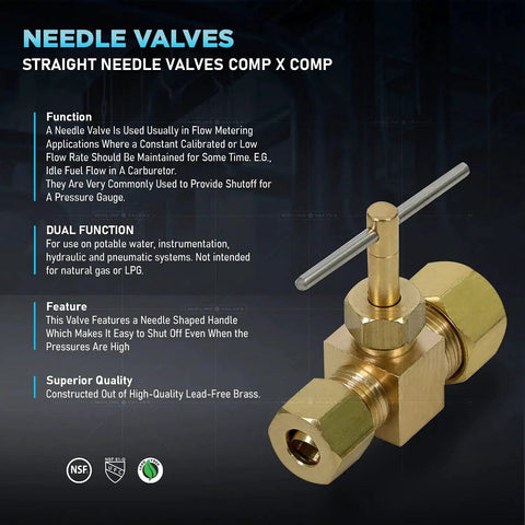 1 Quarter Inch Compression Straight Needle Valve Brass Lead Free, One Piece Body with needle shaped handle and features text.
