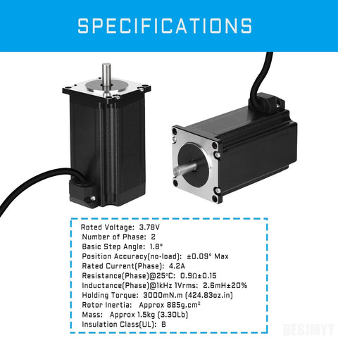 Front and side views of BESJMYT NEMA 23 bipolar stepper motors, 100mm long, 2.25x2.25in bodies, output shafts