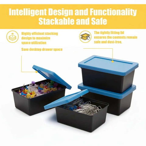 Stackable Mini Tote Bins With Lids For Desk Organization And Craft Storage Blue open and stacked with office supplies.