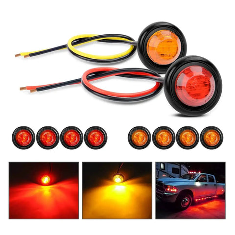 10 Pack Three Quarter Inch Round Mini Led Clearance Lights For Trucks RVs Rigs Buses Trailers Vans Caravans And Boats 12V Red And Amber With Rubber Grommet Surface Mount 60 Lumen Front Rear Side Marker Indicator Kit, shown installed and illuminated.