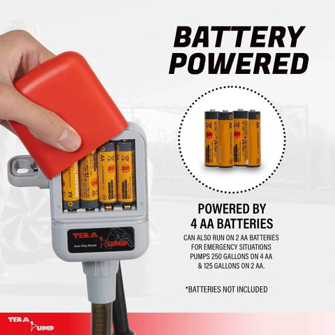 Universal Gas Can Adapter Cap Battery Powered Fuel Transfer Pump 2.3 GPM showing battery compartment with AA batteries