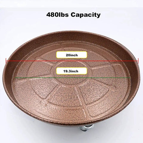 20 Inch Round Plant Stand With Lockable Wheels Heavy Duty 480 Lb Capacity Rolling Plant Caddy Copper Metal Tray Descriptive Size View
