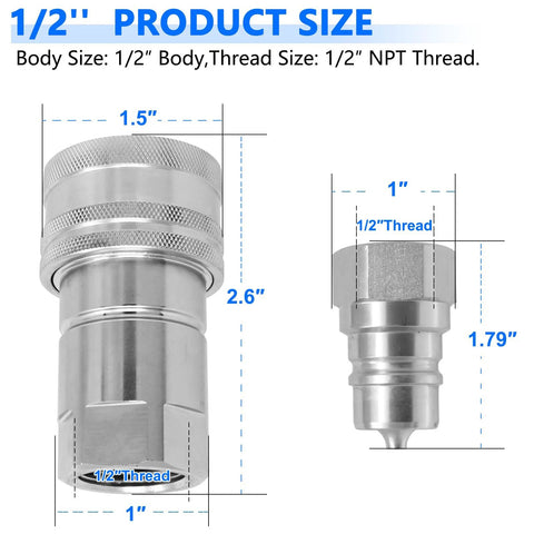 Cplbrb 1/2 in hydraulic quick-connect tractor coupler two-piece set with dust caps, Pioneer style, 1/2 in NPT thread