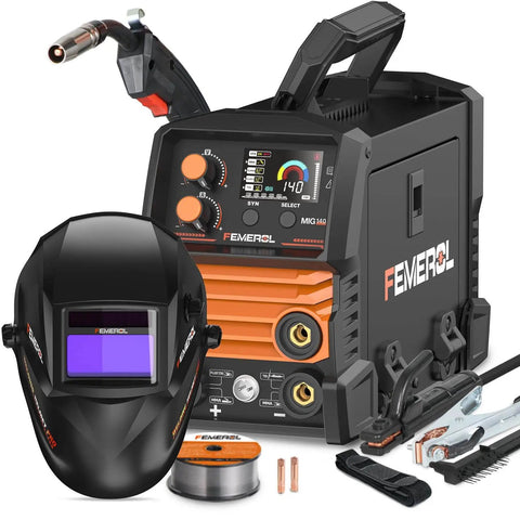 3 In 1 MIG Welder With Flux Core Lift TIG And Stick Welding 140A Portable 110V IGBT Inverter Synergic Control And LED Display Welds Up To One Eighth Inch Includes Welding Helmet For Home Shop Use shown with accessories and helmet, front view.