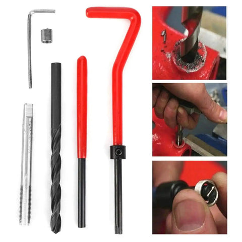 Thread Repair Kit For Female Threads M6x0.75 30 Piece Helicoil Thread Insert Set To Fix Stripped Holes And Damaged Internal Threads Easy Repair Tool For Metal And Automotive Applications, including drill and tap tools with inserts visible, used for metal repairs.