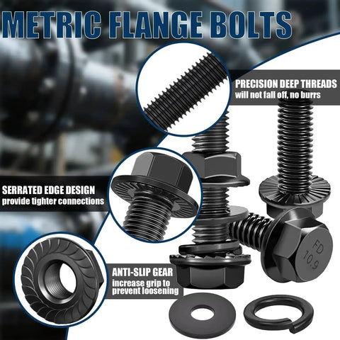 Must Have 400 Piece Metric Flange Bolt Kit With Nuts And Washers 10.9 Grade Black Zinc Bolts M6x1.0 M8x1.25 M10x1.5 From 12mm To 45mm For Automotive