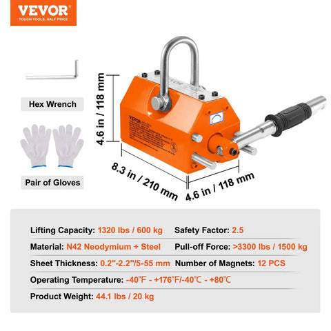 1320 Lb Permanent Magnetic Lifter With Release 2.5 Safety Heavy Duty Magnet with chrome hook and specifications diagram.