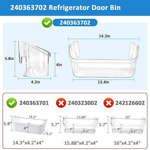 Infographic of Refrigerator Door Bin Side Shelf 2-Pack, Clear Replacement for Frigidaire and Kenmore Refrigerators with dimensions