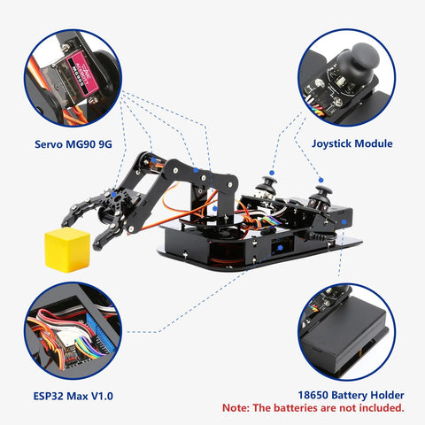 ACEBOTT 4-DOF ESP32 robotic arm kit for kids; MG90 servos, joystick module, ESP32 board, 18650 battery holder
