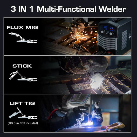 MIG Welder 140A 110V 3 In 1 Flux Core Stick And Lift TIG Gasless Inverter with IGBT Digital Display in use
