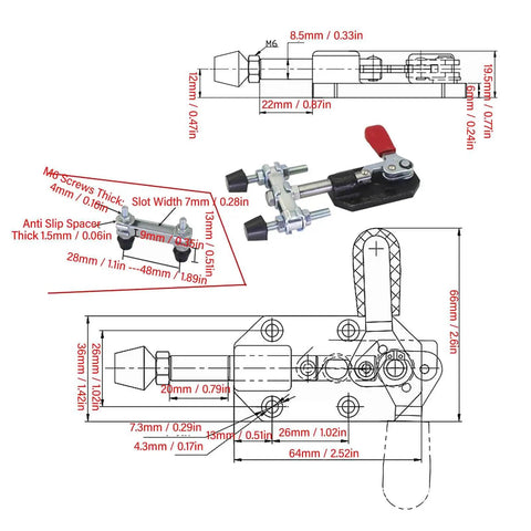 Push Pull Clamp Tool With Quick Toggle, 198 Lbs Clamping Force For Metal Plates And Circuit Boards, dimensions diagram and parts