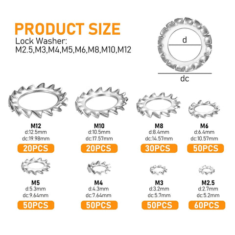 Stainless steel external tooth star lock washers set, M2.5–M12, 330 pcs, assorted sizes.