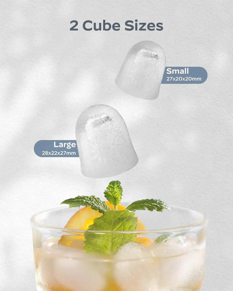 Countertop Ice Maker Portable 9 Cubes In 6 Minutes Self Cleaning Basket And Scoop showing two ice cube sizes above glass of ice