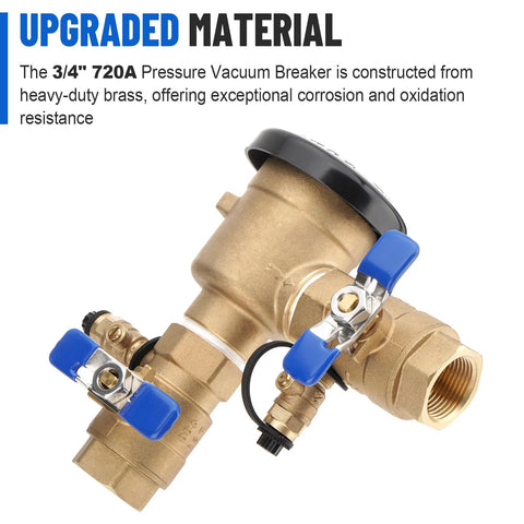 Brass 3/4 inch pressure vacuum breaker assembly with blue lever shutoff valves and threaded fittings