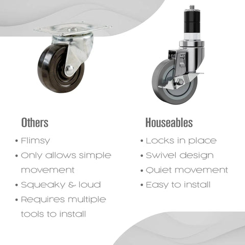 Comparison of two 4-Inch Table Casters, one with expanding stem, stainless steel, and non-marring rubber wheel, labeled 'Houseables'.