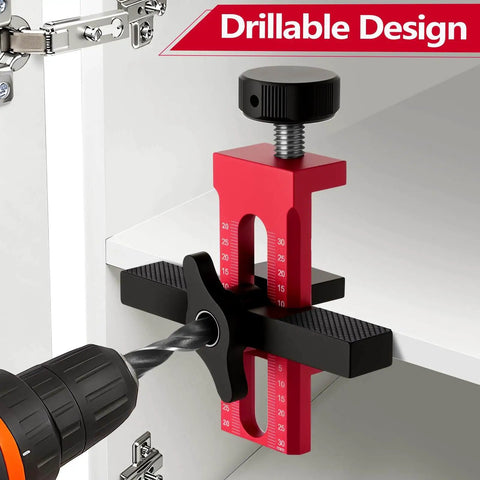 Adjustable Cabinet Door Installer Tool With Removable Base And Aluminum Alloy Construction, Quick Hole Opening, red color on cabinet door