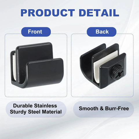 Front and back view of black zinc alloy Fifteen Sixteenth Inch Glass Door Pull Handle Set with no-drill clamps.