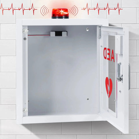Open AED Cabinet Wall Mounted Defibrillator Storage In Stainless Steel With Snap Lock Alarm Bell And Warning Light On Wall
