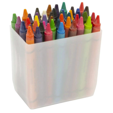 Durable plastic bin cup with assorted crayons, suitable for storing and sorting small items like nuts, bolts, screws, and crafts.