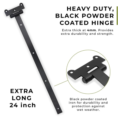 24 Inch Black T Strap Gate Hinges Set - Heavy Duty 2 Pack With 14 Mounting Screws, 4mm Thick Iron, Black Powder Coating