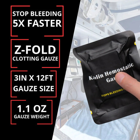 Advanced Quick Clot Combat Gauze 3in by 12.5ft Z-Fold Kaolin Hemostatic Gauze for fast bleed stop and wound packing in hand