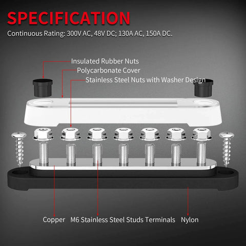 Battery Bus Bar Terminal Block Set With Cover 12V To 48V Positive And Negative Power Distribution Block For Automotive Boat Marine Applications Seven M6 Terminal Studs On Red Positive And Black Ground Blocks Must Have