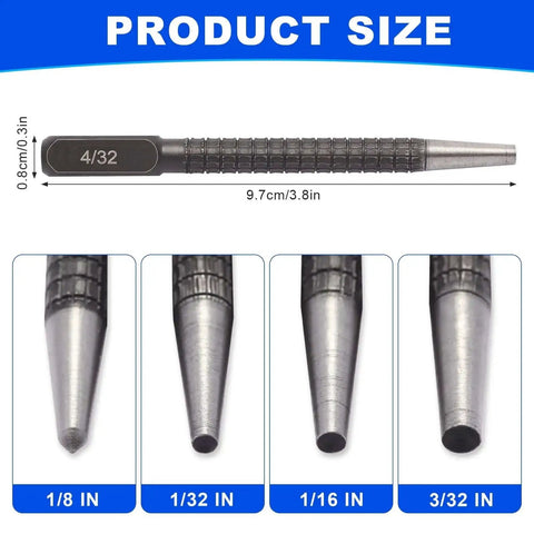 Size chart of Pro Grade 4 Piece Center Punch Set showing 4/32 inch punch in hardened steel with anti-slip grip, 3.78 inch length