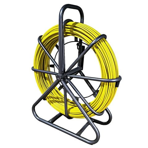 Fiberglass Fish Tape Pro Duct Rodder with Heavy Duty Cable Puller and steel stand for wire installation, coiled on durable frame.