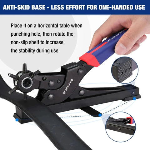 Heavy Duty Rotary Leather Hole Punch Kit With Six Size Options for Belts Dog Collars Watch Bands, tool in use on leather strip
