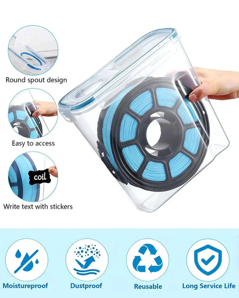 Person holding Six Pack 1.75mm Filament Storage Boxes With Desiccants Transparent Blue, showing filament access and labeling features