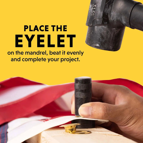 Hand using Professional Grommet Kit For Three Eighths To One Half Inch Brass Grommets For Tarp Repair And Canvas Reinforcement