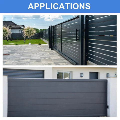 Sliding metal gates showcasing applications for 2 Pack Slide Gate Guide Roller Set With 2 Inch Nylon Rollers Gate Support Assembly Featuring Sealed Ball Bearing Universal Rolling Gate Guider For Sliding Doors Durable Yellow Plastic Wheels For Smooth Quiet Operation And Long Lasting Performance.