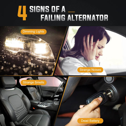 Collage showing signs of a failing alternator: dimming lights, strange noises, smells, and dead battery indicator on car dashboard.