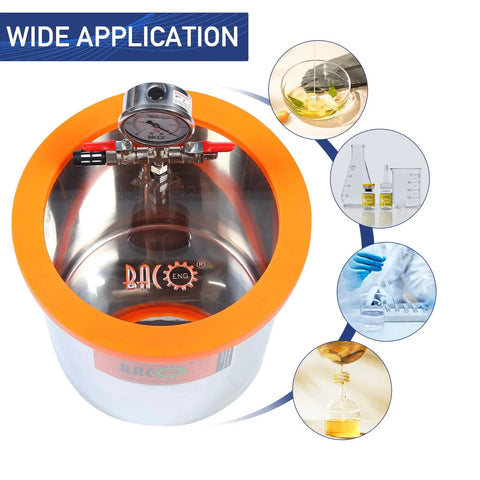 BACOENG 3-Gallon tempered glass vacuum chamber with orange gasket and stainless steel interior
