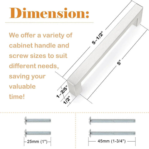 Dimensions diagram of 50 Pack Satin Nickel Stainless Steel Square Bar Cabinet Handles with 5 inch hole centers and screw sizes.