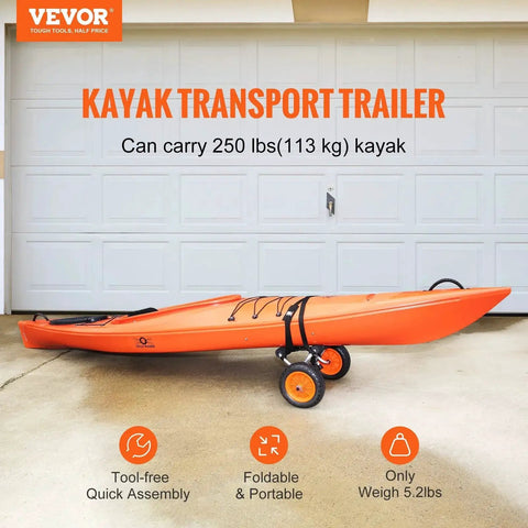 Foldable Aluminum Kayak Cart With 250 Lb Load Capacity And 10 Inch Solid Wheel Dolly for transporting orange kayak outdoors