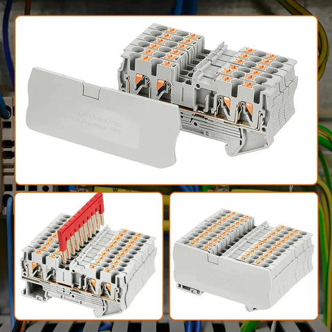 DIN Rail Terminal Block Kit For Quick No-Fuss Wiring With Twin Spring Push-In Connectors And Screwless PT Setup, compact module.