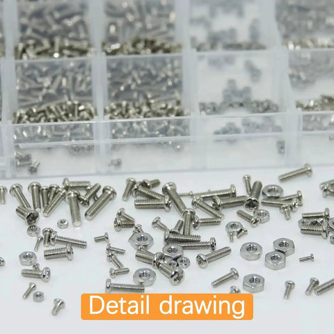 304 Stainless Steel Metric Micro Screws And Nuts Set 1110 Pcs Assortment M1 To M2.5 Phillips Pan Head Fully Threaded, close-up view