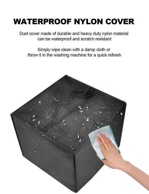 Heavy Duty Waterproof Anti Static Nylon Dust Cover For Saturn 4 Ultra 16K Resin 3D Printer shown with water droplets and hand wiping.