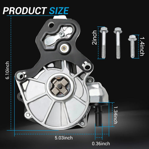 Brake booster vacuum pump for GM vehicles; silver aluminum housing with black bracket, 5.03 in wide, 6.10 in tall, bolts shown.