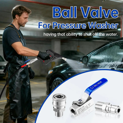 Beefed Up Three Eighths Inch Ball Valve for Power Washers With Quick Connect Pro Grade 5000 PSI Shutoff, stainless steel valve shown on a power washer.