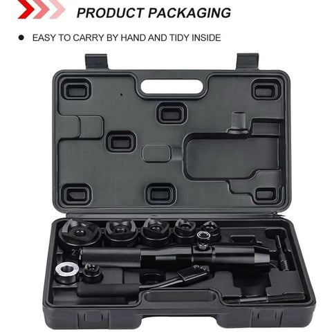 Portable Manual Hydraulic Hole Punch Kit With Six Dies in carrying case, showing organized storage for distribution boxes and metal sheets