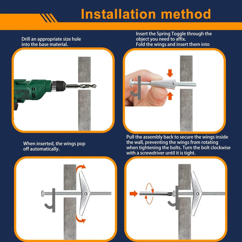 Installation method of 100-Piece Heavy Duty Toggle Bolts And Drywall Anchors Assortment Kit With Wing Nuts, Spacers And Washers Includes One Eighth Inch, Three Sixteenths Of An Inch And One Quarter Inch Toggle Bolts For Reliable Wall And Ceiling Mounts 25 Sets
