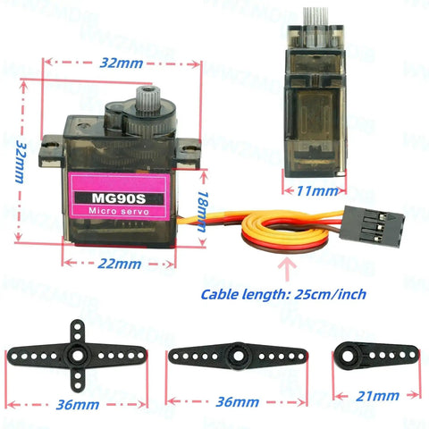 3 Pack MG90S Micro Servo Motors 14g Full Metal Gear High Torque with dimensions and components shown