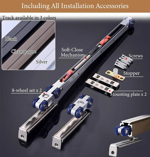 Soft Close Pocket Door Hardware With Track Kit For Sliding Barn Doors And Closet Doors Top Mount Guide System Replacement Rollers Set 12ft 3mm Aluminum Rail Smooth Close Quiet Operation Easy Install Durable Aluminum Build shown with accessories including 8-wheel set, screws, and stopper.