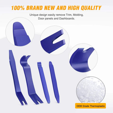 5 Piece Auto Trim Removal Tool Kit for Car Door Panels and Dashboards No Scratch Nylon Pry Tools Includes 4 Door Panel Removers and 1 Fastener Remover by GOOACC with various tools shown from the front.