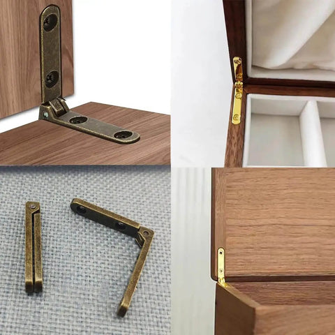 Six Pack Zinc Alloy Hinges For Jewelry Boxes And Tiny Chests In Gold, 90 degree wood box hinges close-up, installed on wooden box