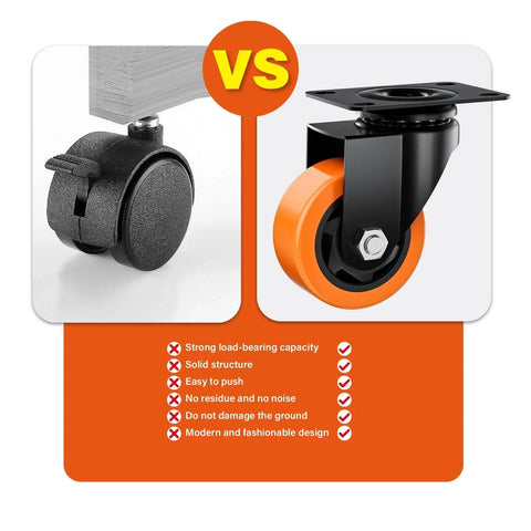 Comparison of standard caster wheel versus 3 Inch Heavy Duty Caster Wheels Set Of 4 In Orange Polyurethane For Industrial Use